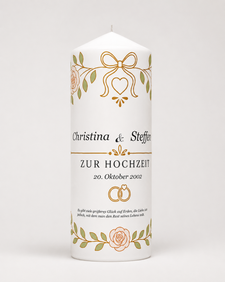 Hochzeitskerze mit Rosenbogen personalisiert